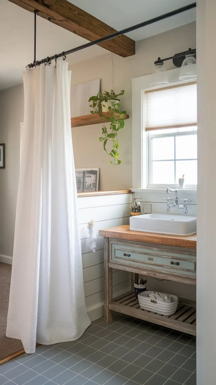 This farmhouse-style half-bath is the perfect blend of rustic and refined. The a thoughtful details, from the wooden beam to the potted plant, create a welcoming atmosphere. The grey tile and white accents offer a clean and calming feel, while the curtain adds a touch of privacy and charm. A truly a delightful space.