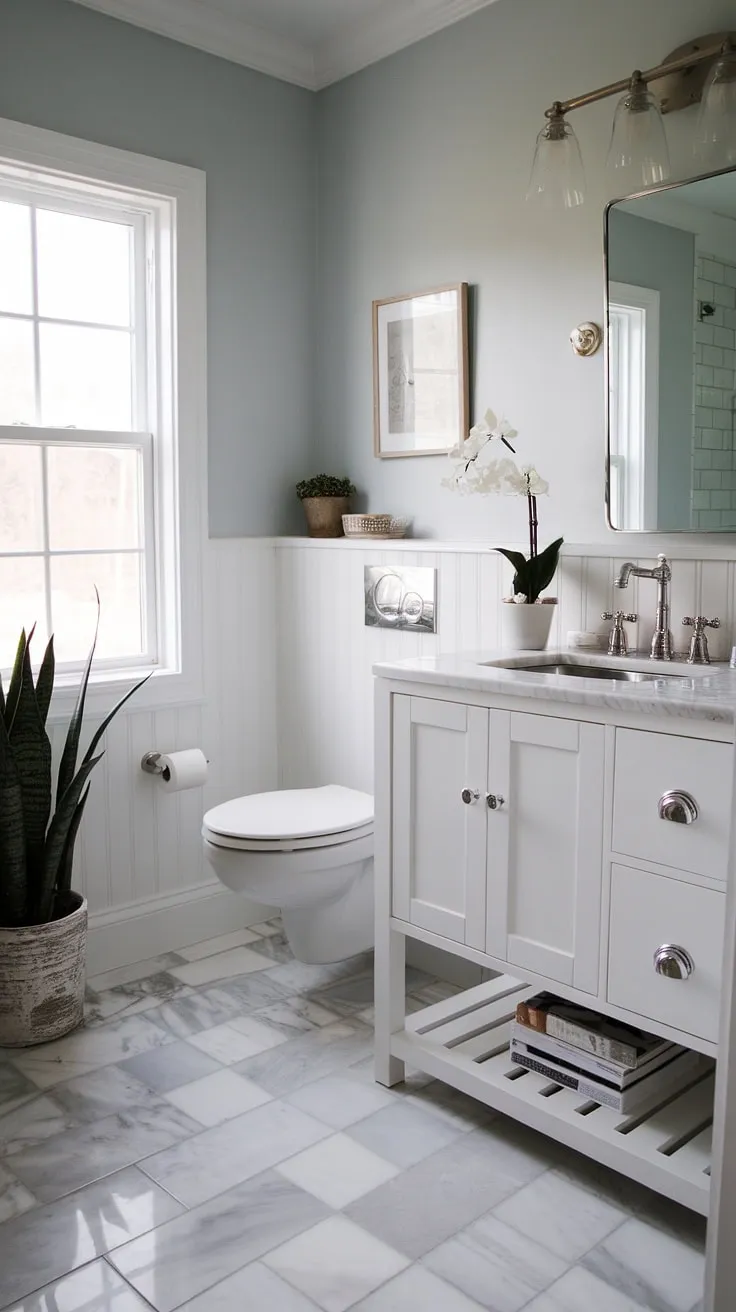 Serene and stylish, this farmhouse half bath remodel boasts a calming light blue palette, a sleek white vanity with marble countertops, and a chic stainless steel sink. The gray and white marble flooring adds a touch of elegance, perfectly complemented by the potted plant adding a touch of life. A perfect blend of functionality and charm.