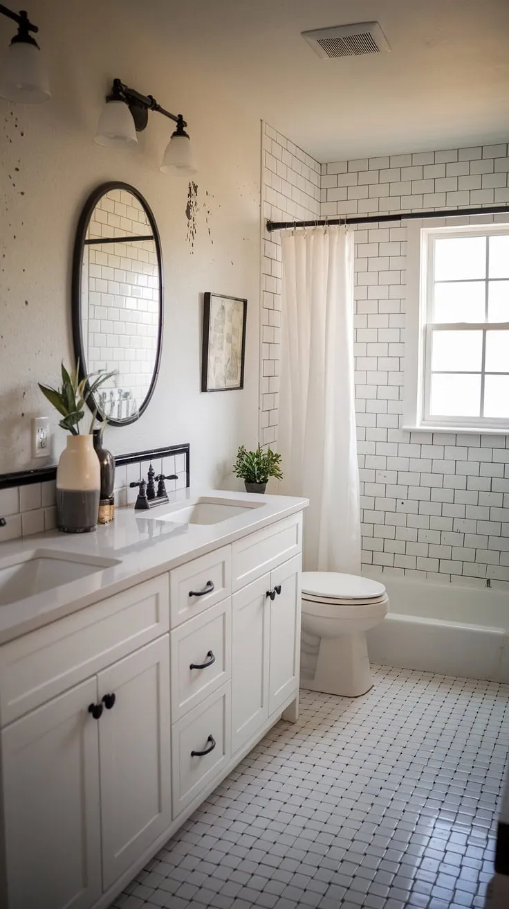 This half bath remodel is a testament to the beauty of imperfection. The white-on-white palette, punctuated by a black and white checkered floor and charming farmhouse accents, creates a serene and inviting space. Even the paint splatters tell a story of the dedication and artistry behind this transformation. A perfect blend of rustic and refined, this powder room is a true reflection of its owners' style.