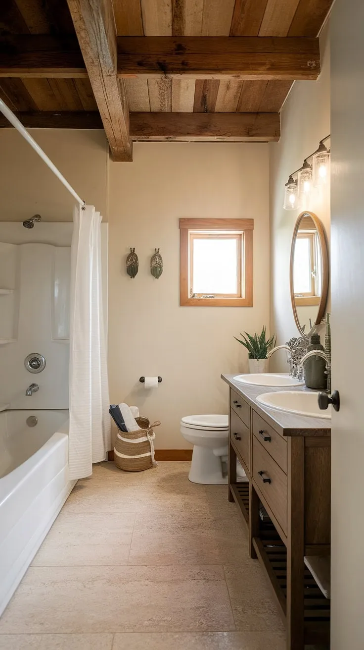This half bath remodel effortlessly blends farmhouse aesthetics with practical design. The a details, from the exposed beams to the wooden vanity, create a warm and inviting space, while the clean lines and efficient layout ensure functionality. A serene retreat in the heart of the home.