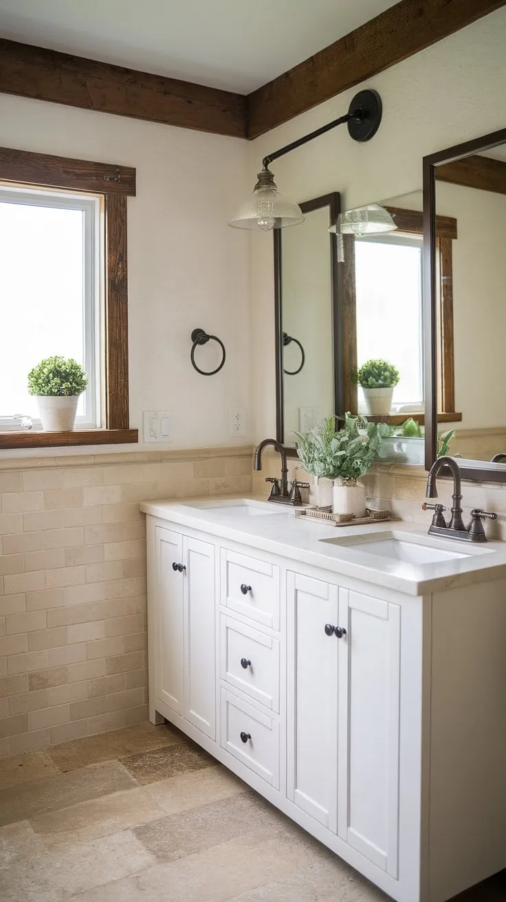 A stunning transformation! This updated half bath boasts a spacious double vanity, charming farmhouse details, and a calming color palette. The natural light streaming through the window, combined with the carefully chosen materials, creates a truly inviting space.