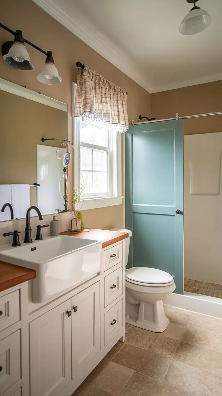 A serene and stylish half bath retreat awaits. The calming beige walls, white fixtures, and rustic wooden countertop create a spa-like atmosphere. The teal shower door adds a pop of color, while the overall design showcases the beauty of simple elegance in a small space.