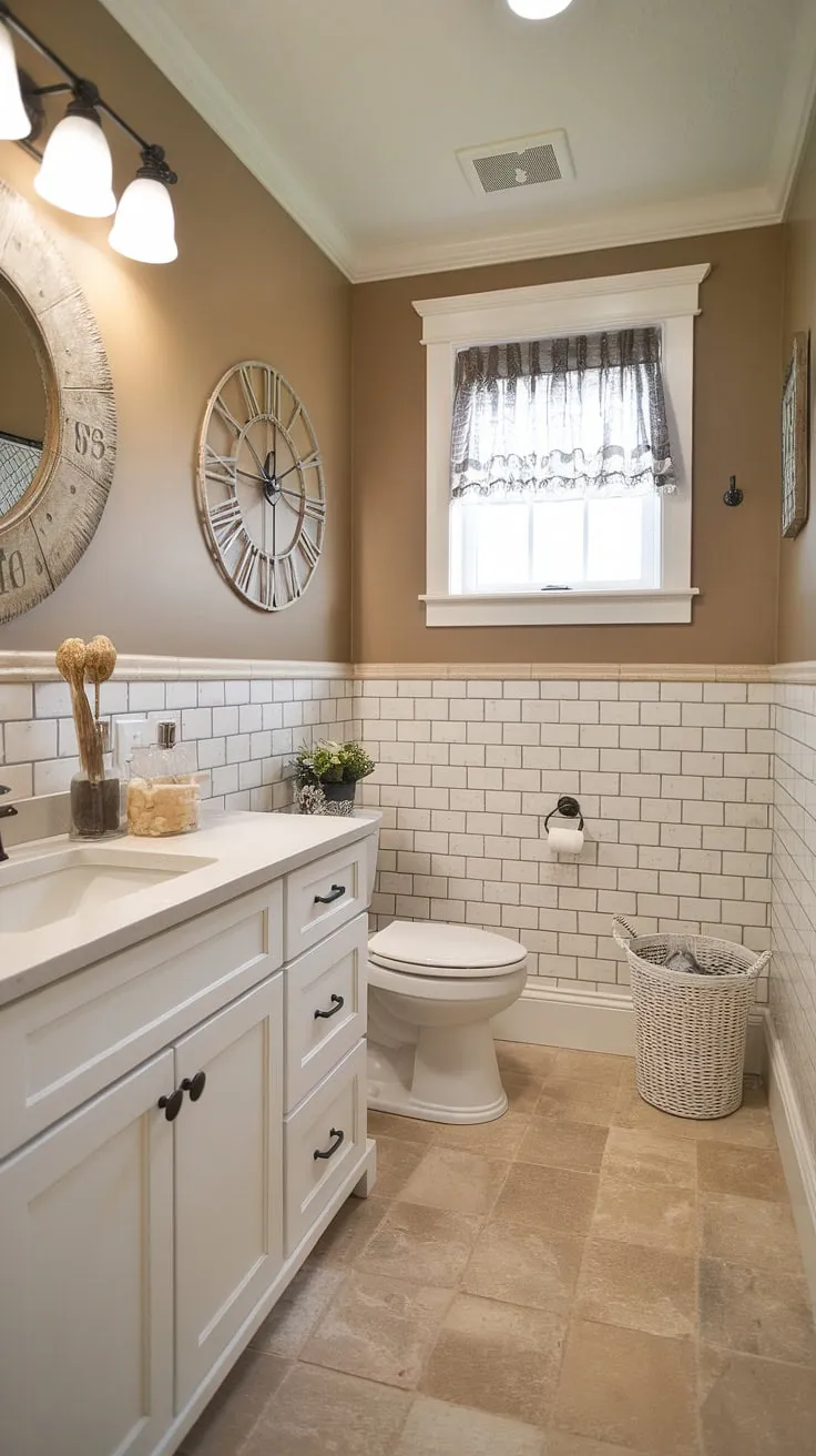 This half bath remodel is the epitome of farmhouse charm. The dual vanity, beige tile, and subtly textured walls create a space that's both functional and aesthetically pleasing. A simple clock and woven basket add the perfect finishing touches. A truly serene retreat.