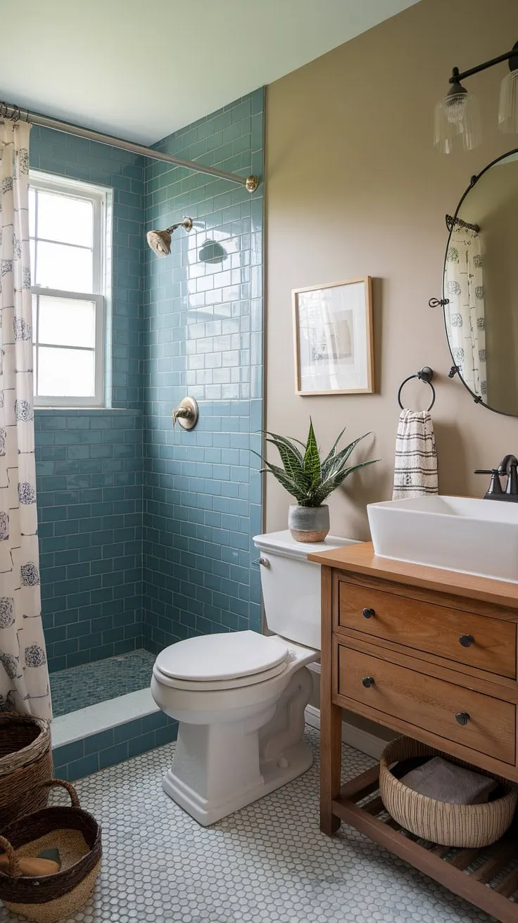 Small space, big impact. This half bath remodel proves that even a tiny powder room can be stylish and functional. The calming beige walls, blue-tiled shower, and natural wood vanity create a serene oasis. A perfect blend of practicality and charm.