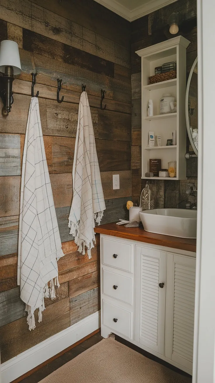 This half bath proves that even a small space can be brimming with style. The rustic wood walls, paired with a crisp white vanity and a soft rug, create a welcoming and unexpectedly spacious feel. Simple details, like the wall sconce and towel hooks, add to the overall farmhouse aesthetic, making this tiny room a delightful surprise.