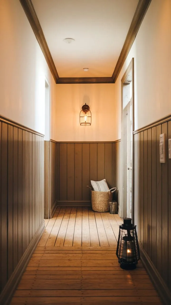 In this serene farmhouse hallway, warm light dances on aged wood and crisp white walls, evoking a timeless elegance that whispers stories of generations past.