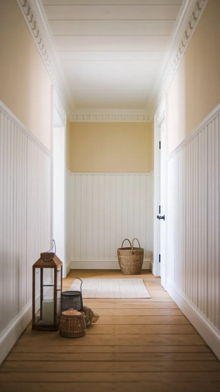 Sunlight bathes the hallway in warmth, highlighting the farmhouse's charming blend of rustic simplicity and refined detail, creating a serene atmosphere.