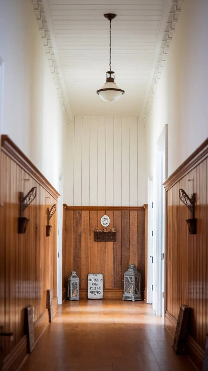 The farmhouse hallway exudes timeless elegance with its crisp white walls and rich wood paneling, where a vintage lantern and charming sign whisper tales of quiet history.