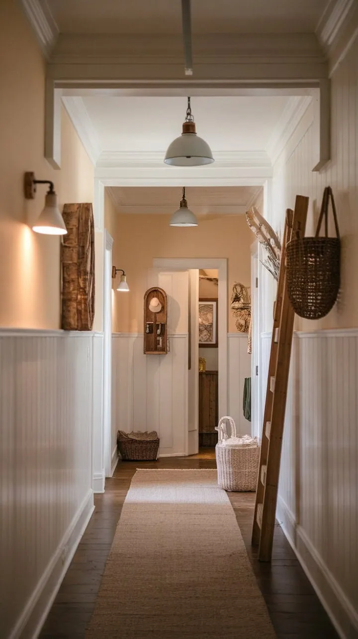 In this farmhouse hallway, warm wood tones and crisp white moldings harmoniously blend rustic charm with modern elegance, inviting you to imagine the heartfelt stories woven into its tranquil embrace.