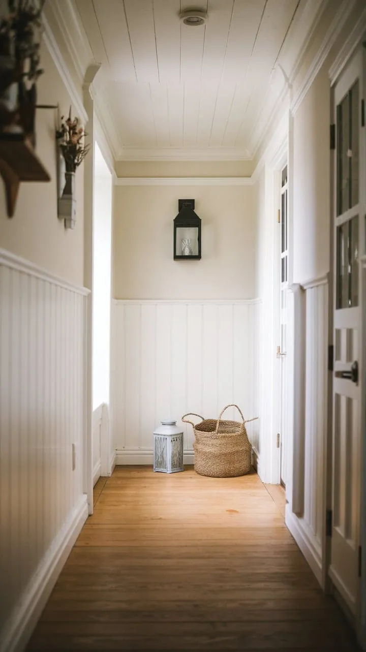 The inviting glow of a lantern highlights the heartwood floors and intricate molding, creating a charming sanctuary that whispers of comfort and nostalgia.