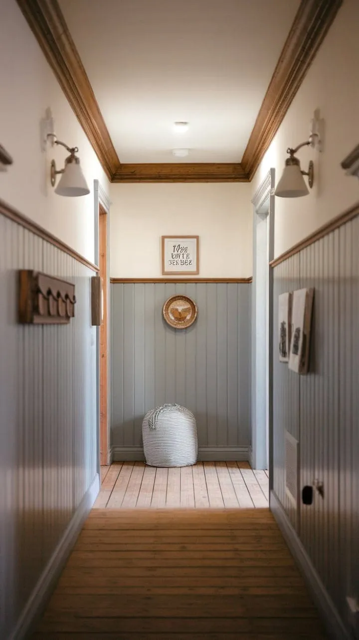 Bathed in the golden light of sunset, the farmhouse hallway exudes timeless elegance, where rustic charm meets refined detail, echoing stories of generations past.