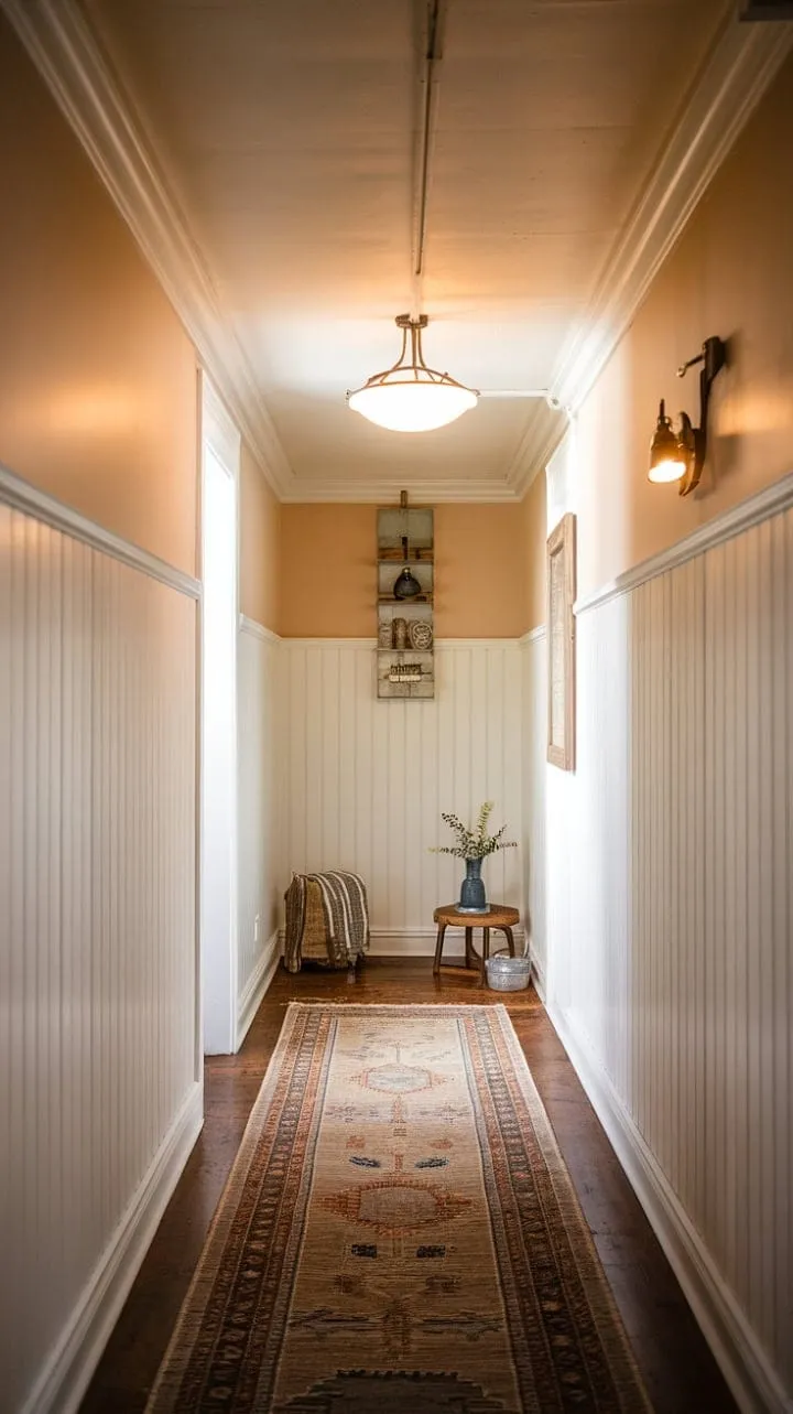 The captivating farmhouse hallway, with its rustic wood and pristine white, invites serene contemplation through its elegant simplicity and cozy textures.