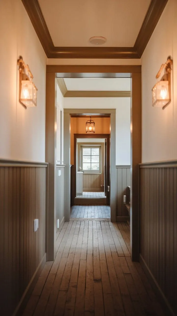 This hallway, with its high paneling and intricate molding, exudes rustic elegance and warmth, inviting you to uncover the stories of generations past.