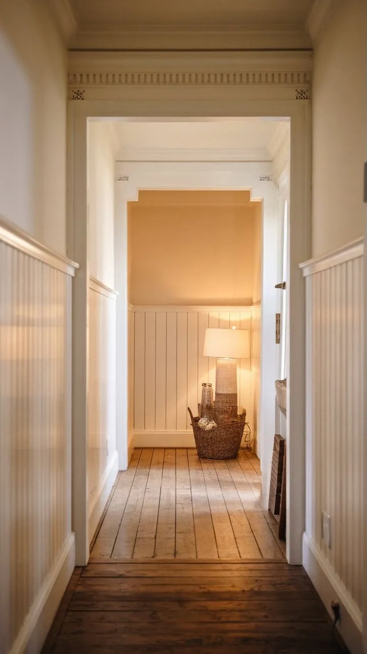 Bathed in the warm glow of the setting sun, the farmhouse hallway exudes a timeless charm, where rich wood and crisp white paneling echo stories of generations, inviting a profound sense of peace.