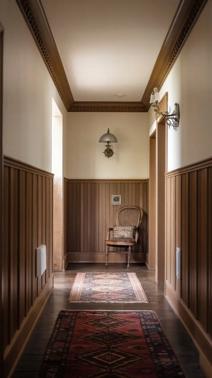 The hallway, bathed in the warm glow of a lamp, exudes timeless elegance with its rich wood and crisp white paneling, evoking cherished memories and a perfect harmony of rustic charm and refined detail.