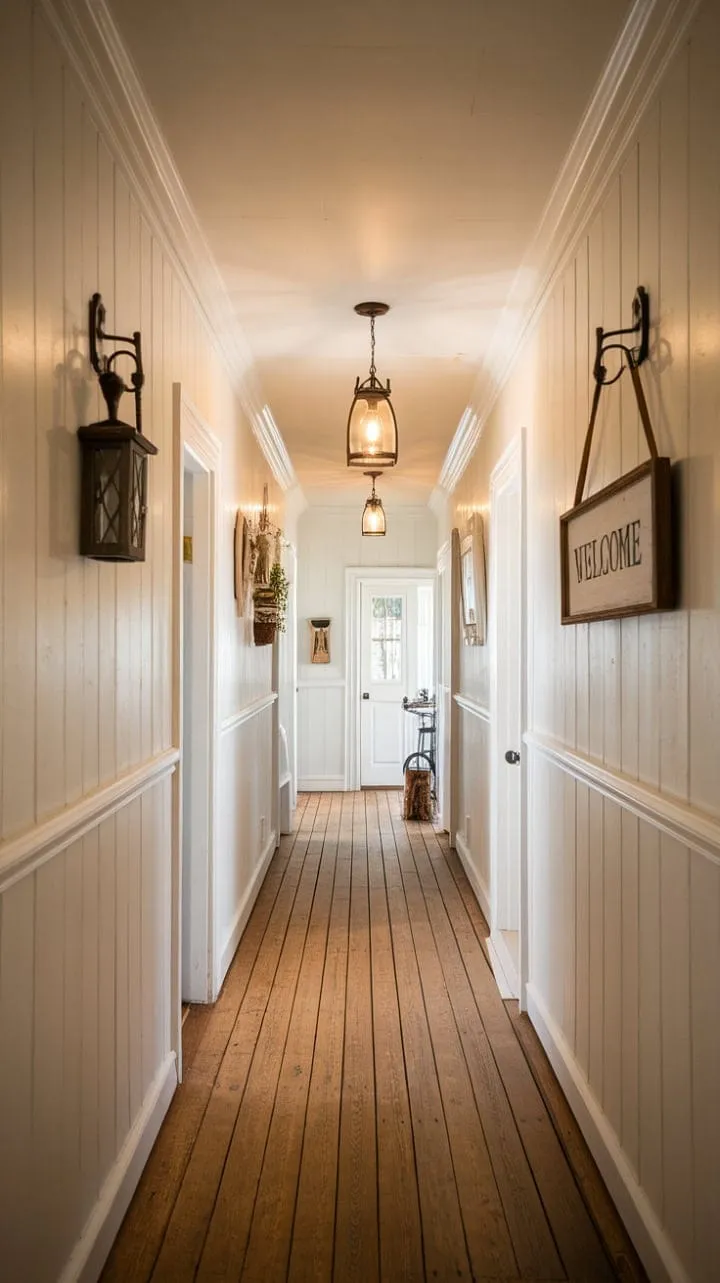 Walking through the intricately adorned whitewashed hallway feels like stepping back in time, enveloped in a serene atmosphere that celebrates the home's unique history.