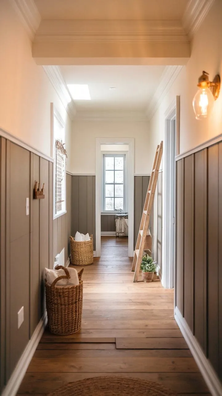 This farmhouse hallway masterfully blends rustic charm with modern sophistication, showcasing a breathtaking transformation through rich wood, crisp white paneling, and warm lighting.