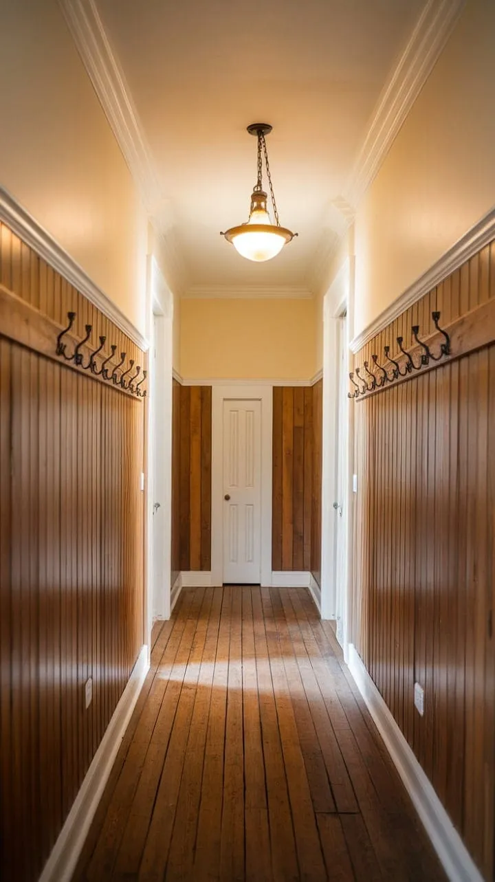Warm light bathes the hallway, revealing the farmhouse's rich wood paneling and whispering tales of its storied past.