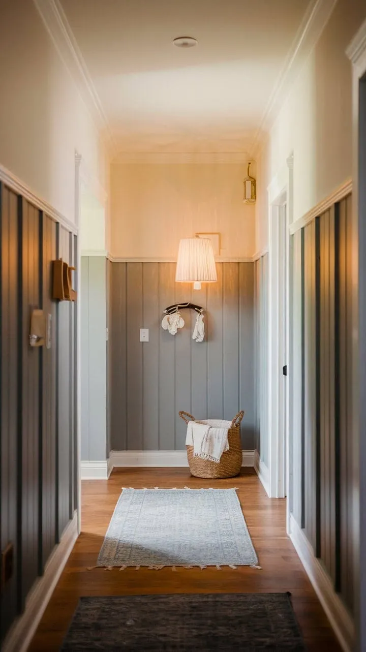 The farmhouse hallway, adorned with rich wood and crisp white accents, exudes a warm, inviting charm that echoes the stories of generations while offering a serene retreat.