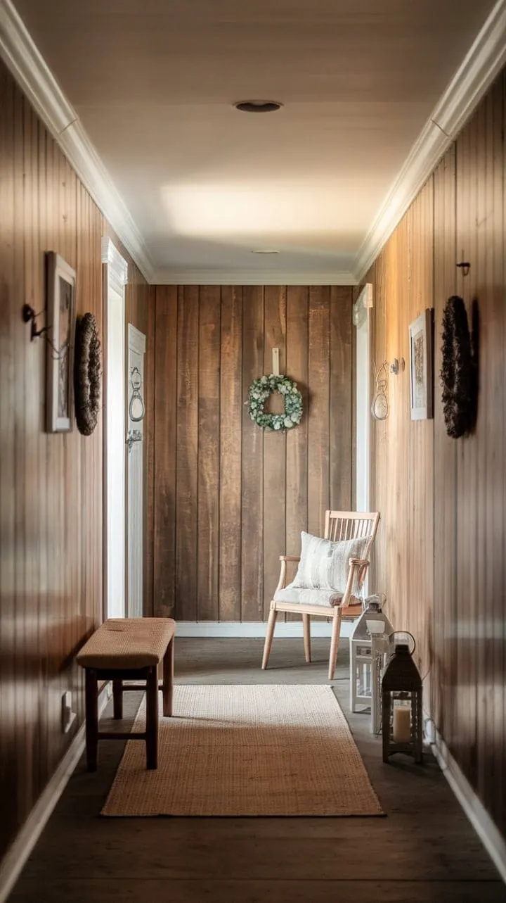 This farmhouse hallway exudes understated elegance with its rich wood paneling, soft lighting, and inviting decor, creating a cozy retreat that invites you to pause and unwind.