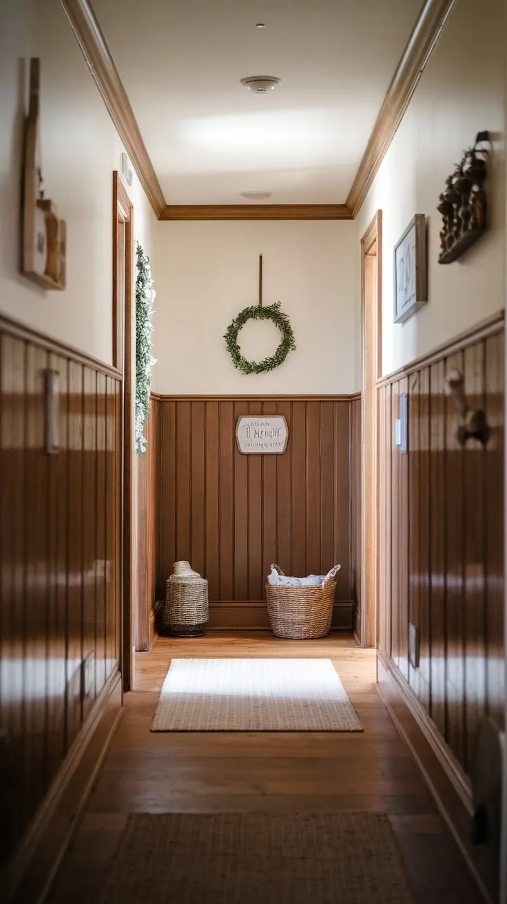 Step into a world of warmth and charm. This farmhouse hallway, with its elegant paneling and soft lighting, whispers tales of cozy evenings and cherished memories. The carefully chosen details, from the woven basket to the hanging wreath, create a space that feels both inviting and effortlessly stylish. A perfect blend of rustic and refined, it's a hallway that truly welcomes you home.