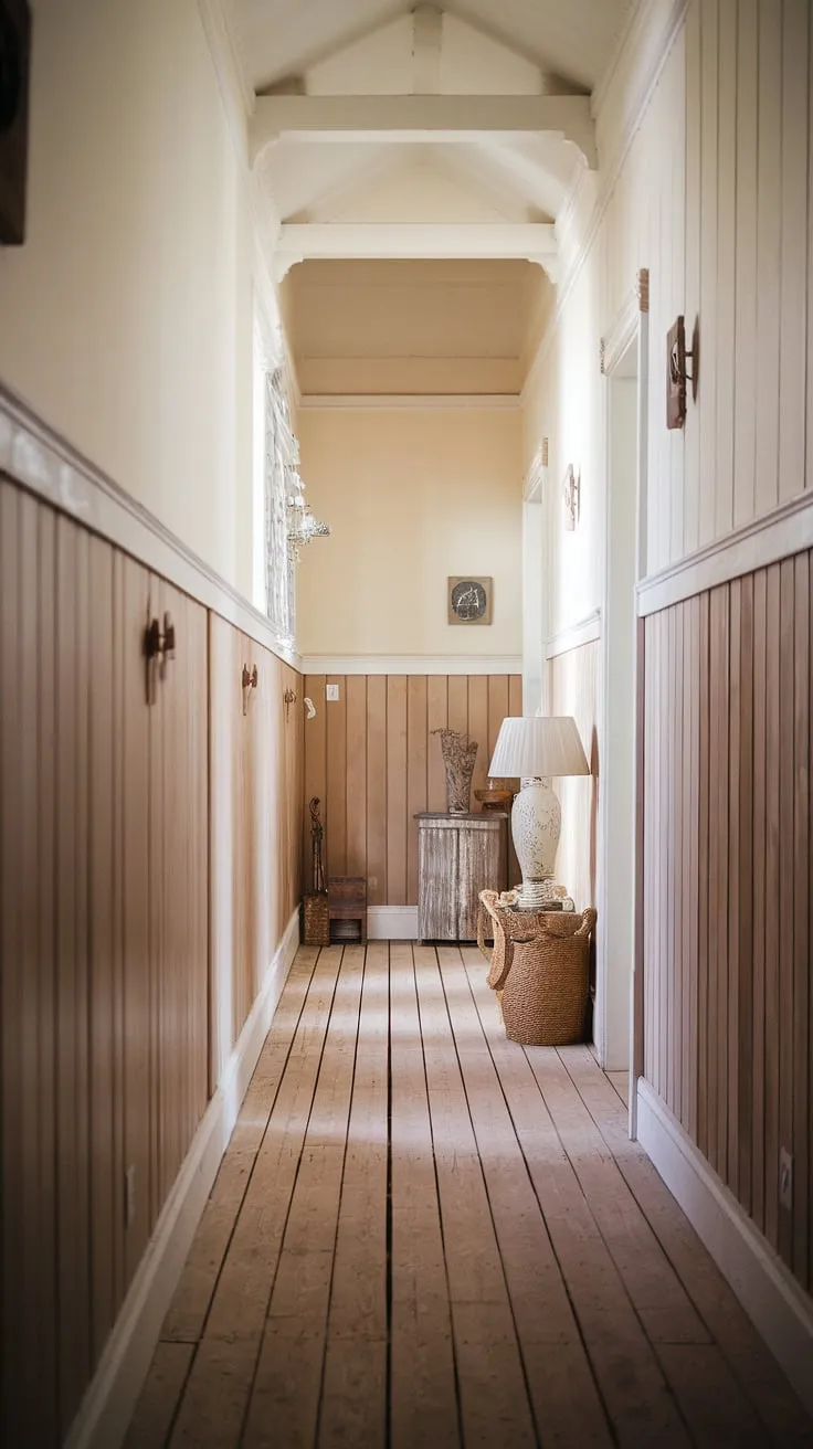 The soft light filtering through the high-panelled hallway reveals the warmth of the farmhouse's character. A simple lamp and woven basket add to the inviting atmosphere, hinting at the cozy spaces within. A perfect blend of rustic charm and elegant simplicity.