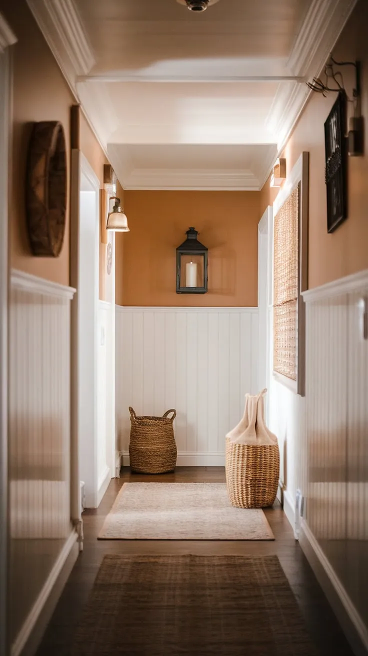 Step into a world of rustic charm and timeless elegance. The high paneling and intricate molding create a sense of grandeur, while the warm lighting and carefully chosen accents, like the lantern and woven basket, add a touch of lived-in comfort. This farmhouse hallway is a testament to the beauty of simple, refined design. A perfect blend of old-world craftsmanship and modern sensibilities.