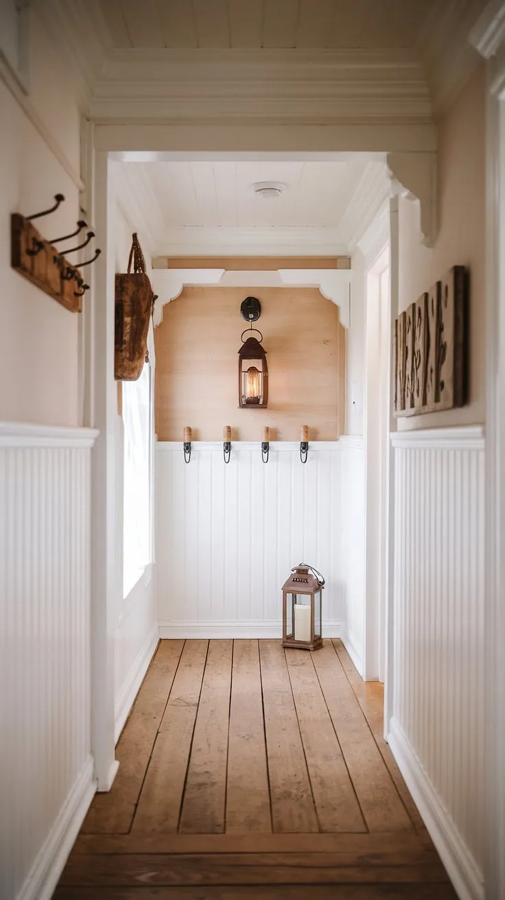 Step into a world of rustic charm where the warmth of wood and the crispness of white create a hallway that whispers stories of generations past. The carefully chosen details, from the antique lantern to the thoughtfully placed hooks, speak to a home filled with love and cherished memories. This is more than just a hallway; it's a journey into the heart of a farmhouse.