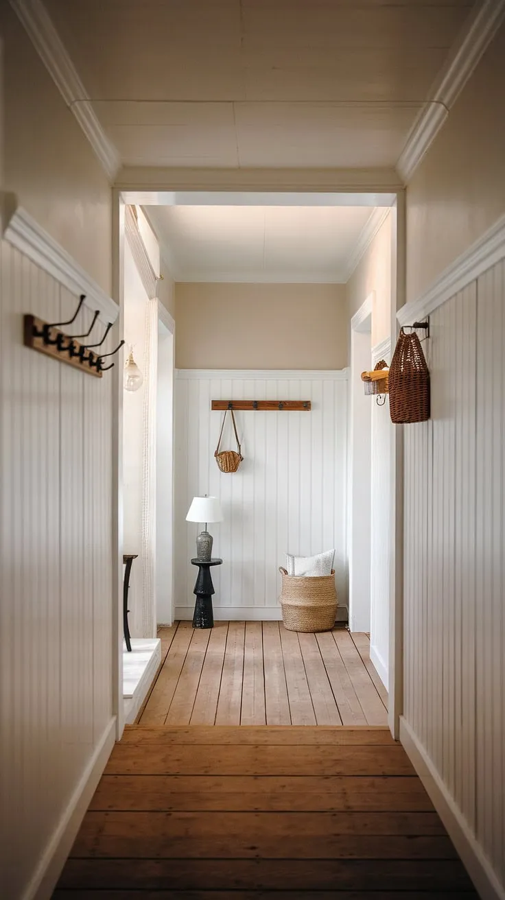 Sunlight streams through the high windows of this charming farmhouse hallway, illuminating the rich wood and crisp white paneling. A few carefully chosen items-a lamp, a basket-rest on the floor, adding a touch of personality to this serene and welcoming space. The simple elegance speaks volumes.