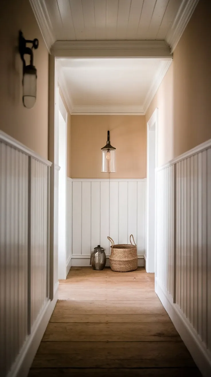 The soft light filtering through the hallway reveals the exquisite detail of the wood and white paneling, a testament to timeless farmhouse charm. A simple lamp and woven basket rest on the aged wood floor, adding warmth to this peaceful space. A perfect blend of rustic elegance.