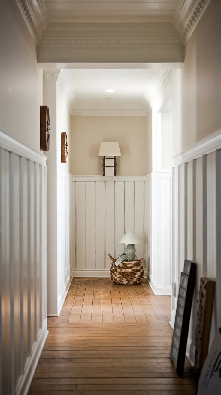The soft light filtering through the hallway illuminates the intricate wood and white paneling, a testament to the timeless elegance of this farmhouse. A simple lamp and decorative basket add warmth to the space, hinting at the cozy life within. A perfect blend of rustic charm and refined detail.