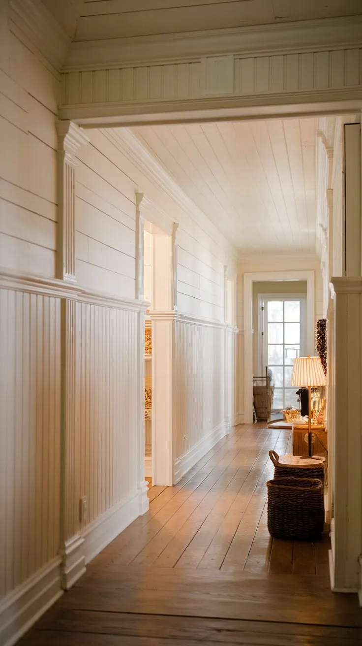 The warm glow of the setting sun illuminates the rich wood and crisp white paneling of this farmhouse hallway, a testament to timeless elegance and a craftsmanship. The intricate molding and high ceilings create a sense of grandeur, while the simple furnishings maintain a cozy, lived-in feel.