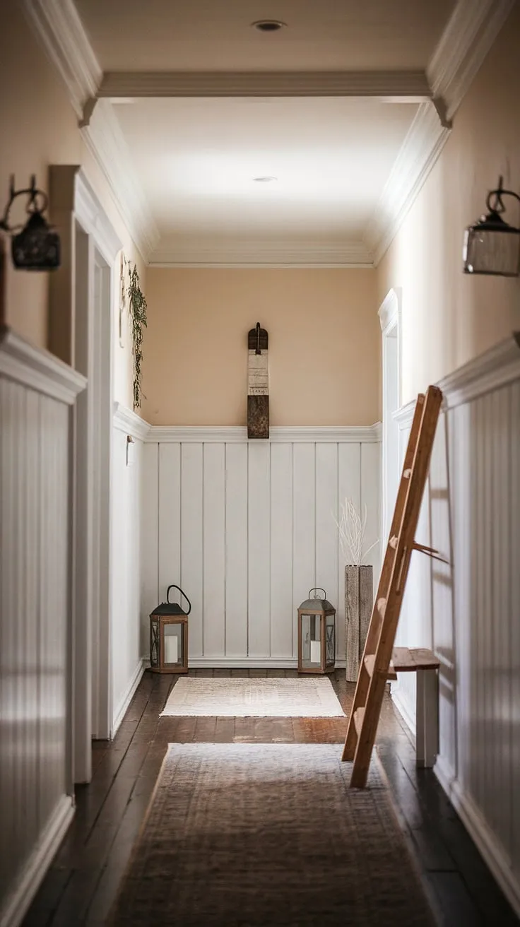 The soft light filtering through the hallway reveals the exquisite detail of the wood and white paneling, a testament to the farmhouse's timeless charm. A rustic lantern and wooden ladder add to the cozy ambiance, creating a space that feels both elegant and lived-in. A perfect blend of rustic and refined.