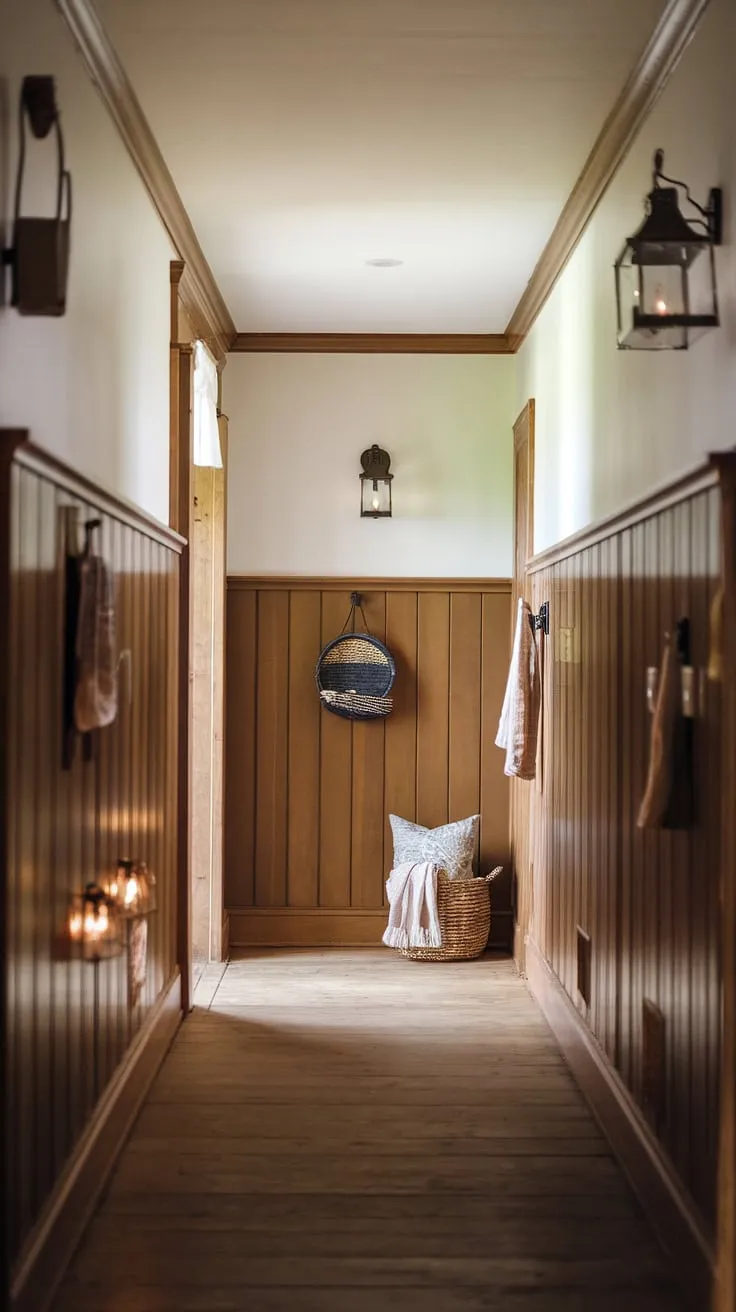 The warm glow of the lantern casts a gentle light down this farmhouse hallway, highlighting the rich wood and crisp white paneling. A sense of calm and quiet permeates the space, a perfect retreat after a long day. This is where comfort meets classic design.