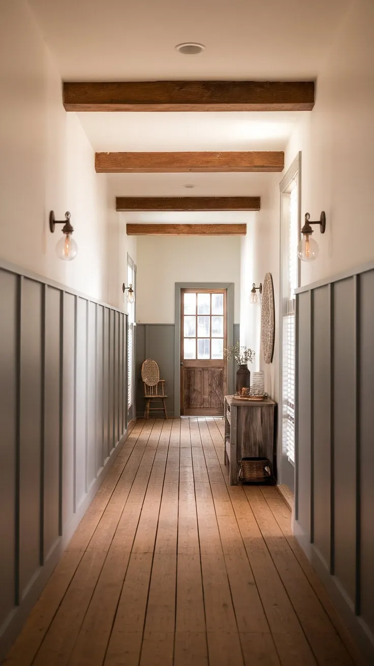 Stepping into this farmhouse hallway feels like stepping back in time; the high paneling, intricate molding, and warm lighting create an atmosphere of quiet elegance and timeless charm. A sense of history whispers from the aged wood and simple decor.
