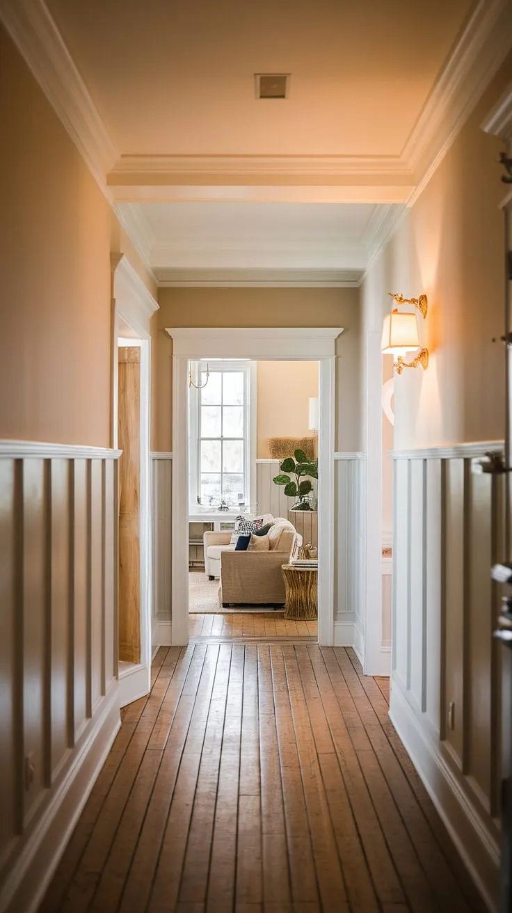 The warm glow of the hallway lamp casts a welcoming light on the rich wood floors and elegant paneling, hinting at the cozy living room beyond. A perfect blend of rustic charm and refined detail, this farmhouse hallway is a testament to timeless design. A sense of peace permeates the space, a quiet sanctuary where memories are made.