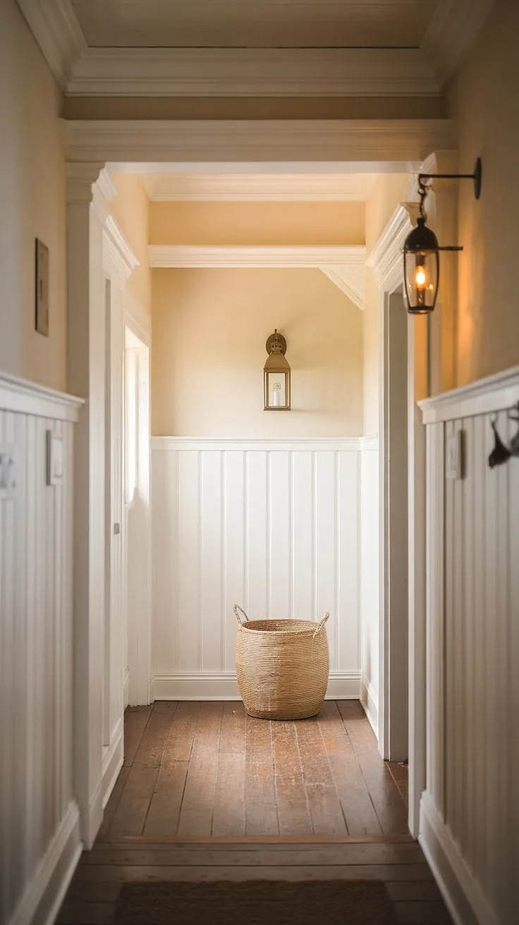High ceilings and detailed molding create a grand yet inviting atmosphere in this farmhouse hallway. The interplay of white walls and rich wood paneling is visually stunning, while the lantern and woven basket add a touch of rustic charm, creating a space that feels both elegant and a comforting.