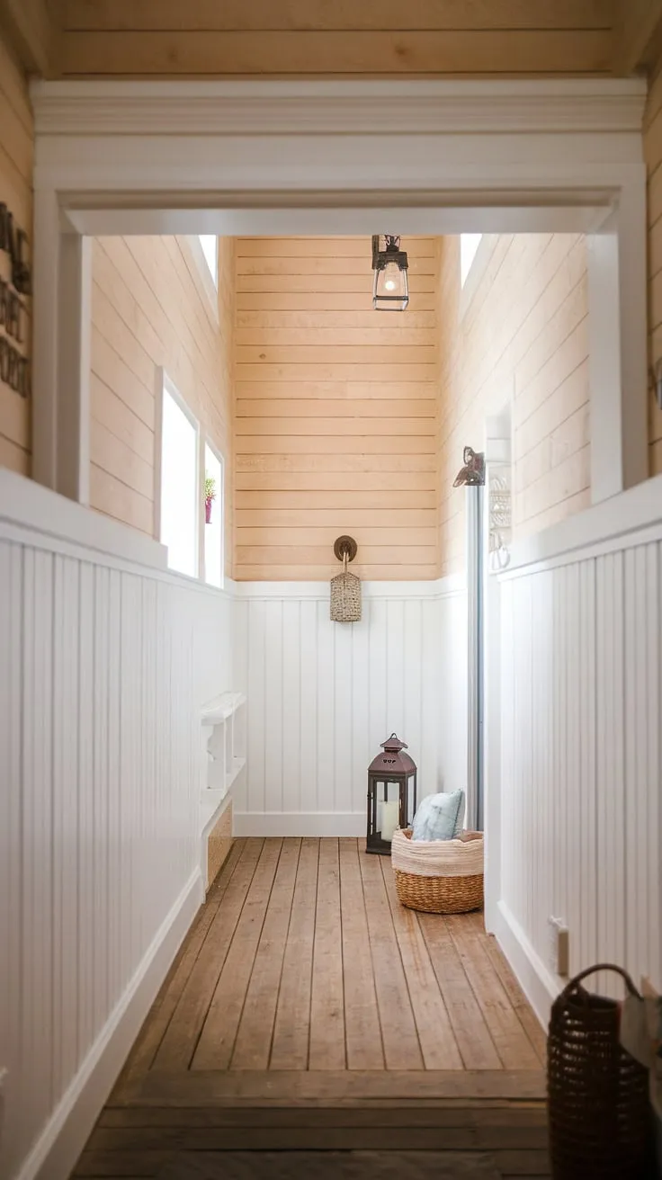 This farmhouse hallway, with its soaring wood and white paneling, is a testament to simple elegance. A welcoming space, A sanctuary of peace, A place where memories are made.