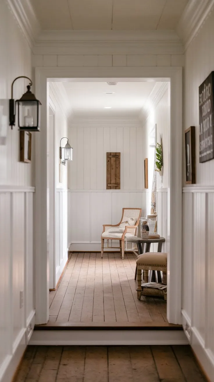 Stepping into this hallway is like stepping back in time. The intricate wood paneling and detailed molding create a sense of history and elegance, while the carefully chosen furniture and decorative accents – a lantern, a charming sign – add a touch of cozy personality. A true haven of peace and quiet.