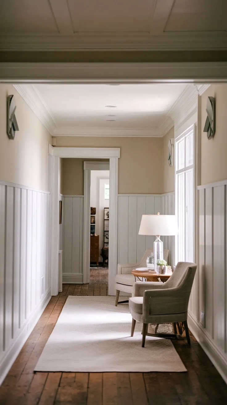 The soft light filtering through this farmhouse hallway, with its elegant wood and white paneling, creates a sense of calm and understated elegance. The high molding and plush white rug add to the feeling of refined comfort. A perfect blend of rustic charm and sophisticated style.