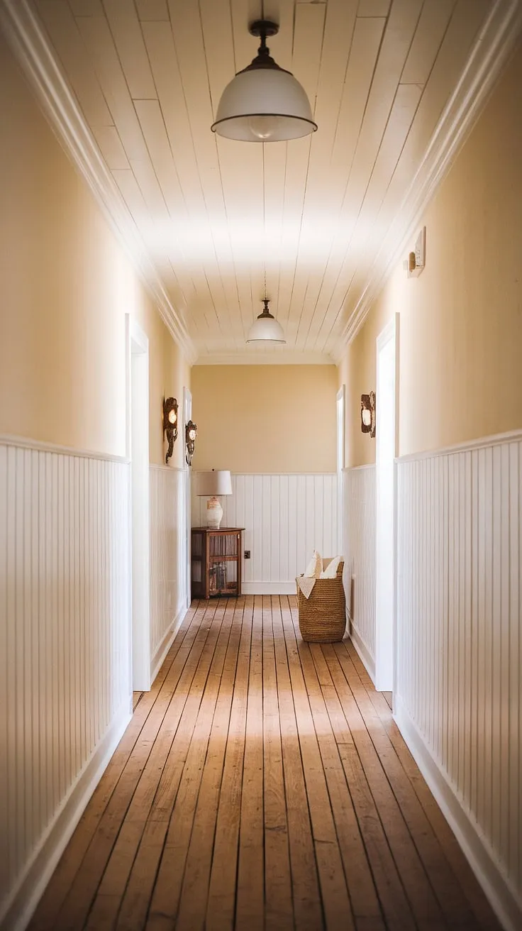 The warm glow of the farmhouse hallway, with its elegant wood and white paneling, creates a sense of calm and understated elegance. A simple lamp and woven basket add touches of rustic charm, while the high ceilings and detailed molding lend an air of grandeur. A perfect blend of rustic and refined.