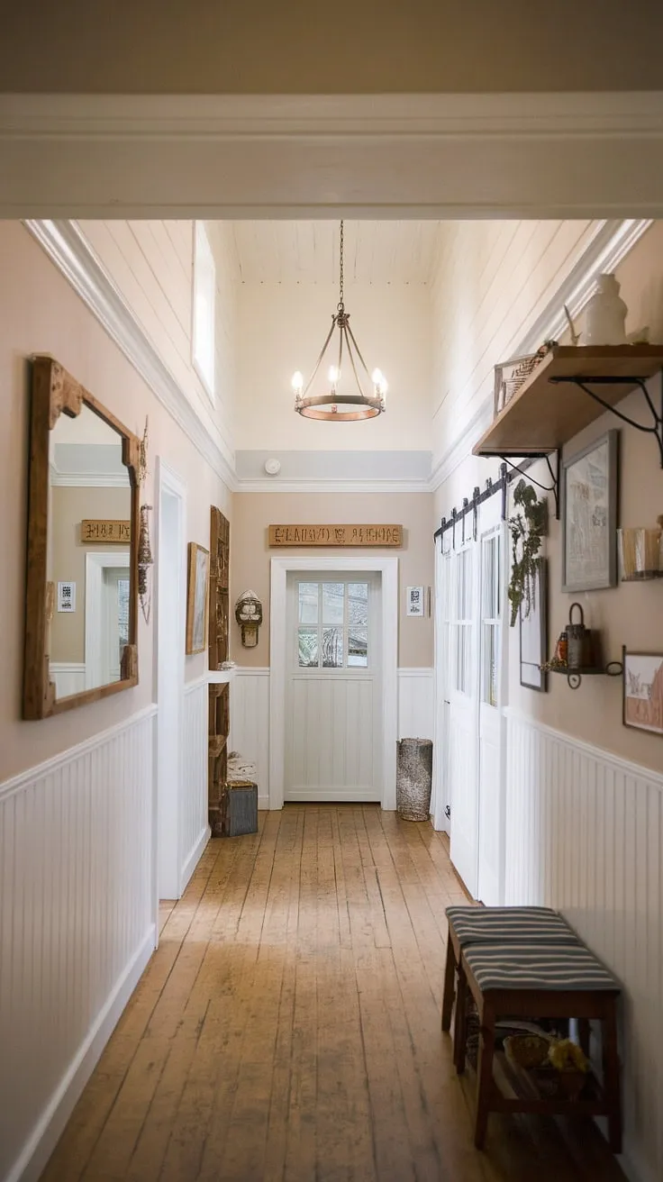 The grand hallway, a testament to timeless elegance, whispers stories of generations past. Warm wood and crisp white paneling create a captivating contrast, while the ornate chandelier casts a gentle glow on cherished family heirlooms and artwork displayed along the walls. A sense of history and home permeates every inch of this space.