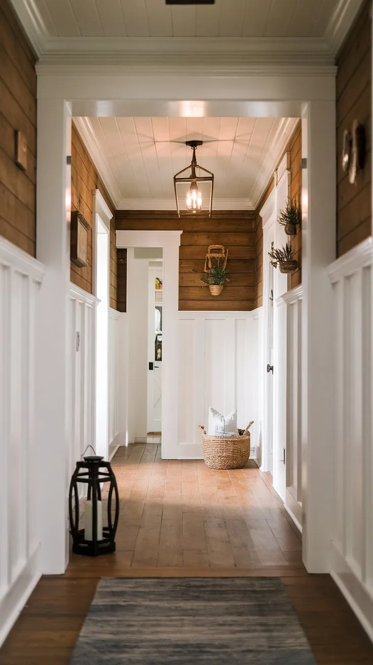The warm glow of the lantern illuminates the rich wood and crisp white of this farmhouse hallway, a testament to classic design and cozy charm. A perfect blend of rustic and refined, it whispers tales of simpler times. A sense of peace permeates the space, inviting you to explore what lies beyond. A truly welcoming entrance.