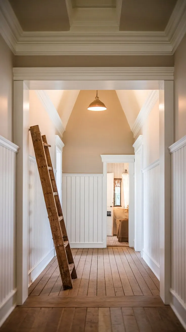 The warmth of the wood paneling and the gentle glow of the afternoon sun create a haven of simple charm in this farmhouse hallway. A vintage wooden ladder leans patiently against the wall, a quiet testament to the home's history and the comforting embrace of rustic elegance. A perfect blend of old and new, this space whispers stories of generations past.
