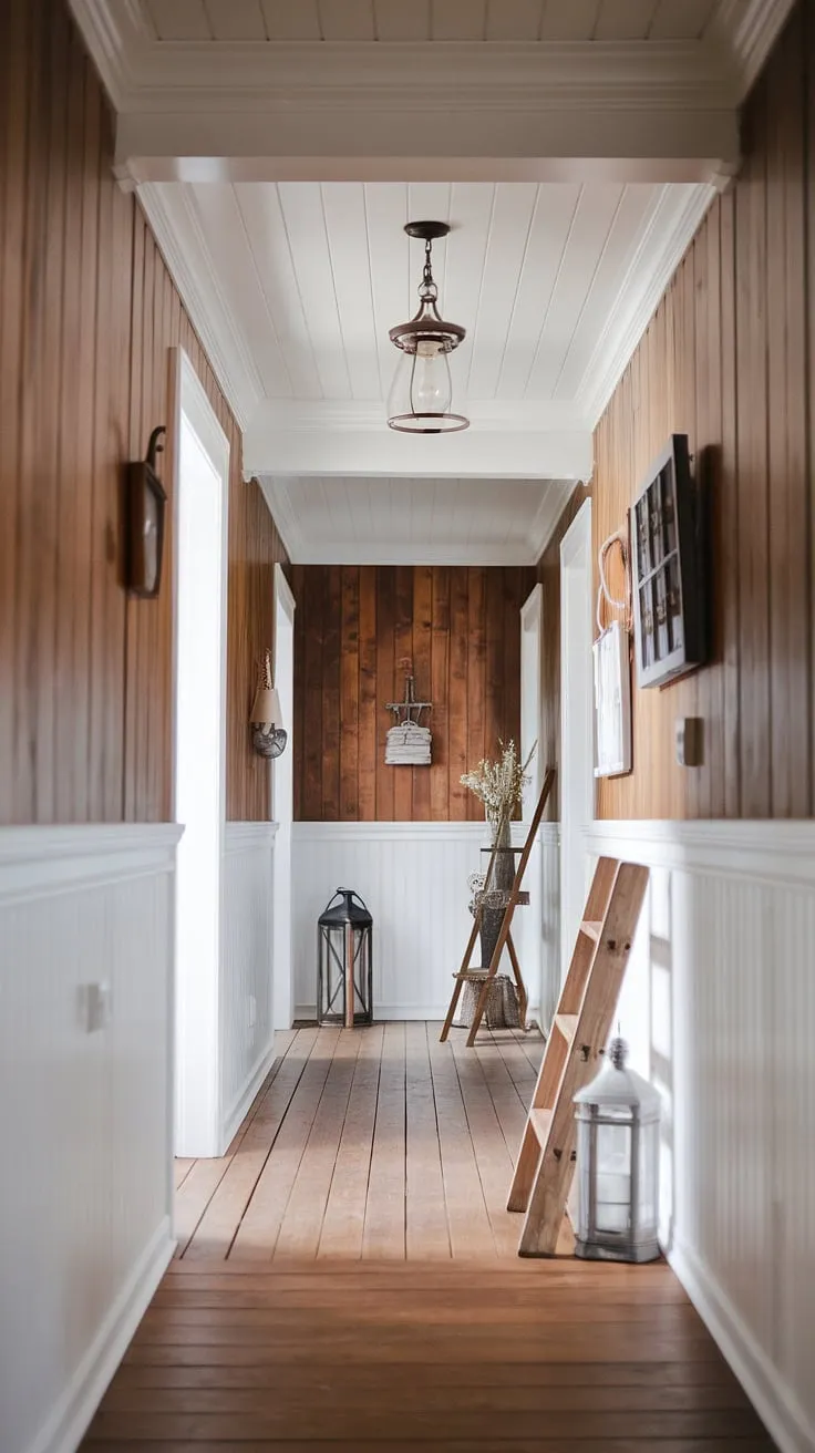 The warm glow of the lantern casts a welcoming light down this farmhouse hallway, its high wood paneling and crisp white accents creating a cozy ambiance. A perfect blend of rustic charm and modern simplicity.