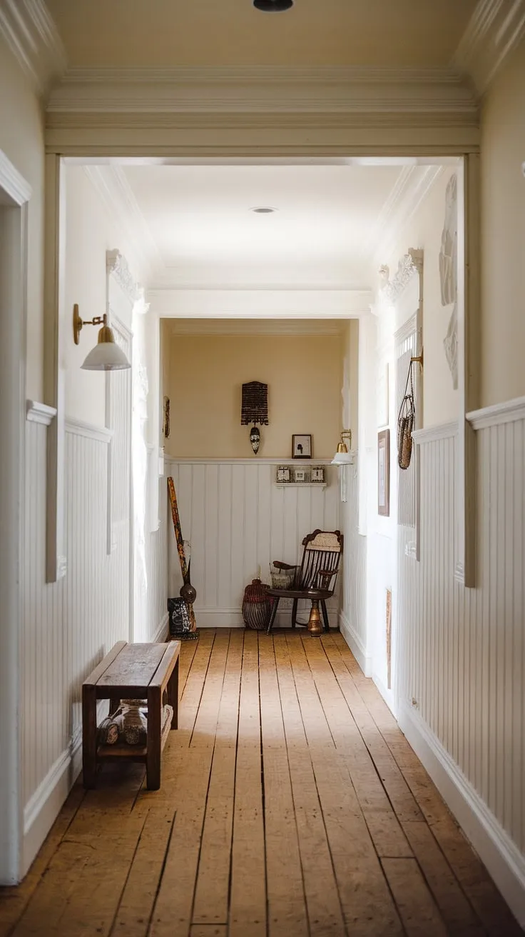 Step into a world of rustic charm and timeless elegance. The high paneling, detailed moldings, and warm wood floors create an inviting atmosphere, perfectly complemented by the carefully chosen furnishings. A sense of peaceful tranquility fills this farmhouse hallway, a testament to simple living and refined taste.