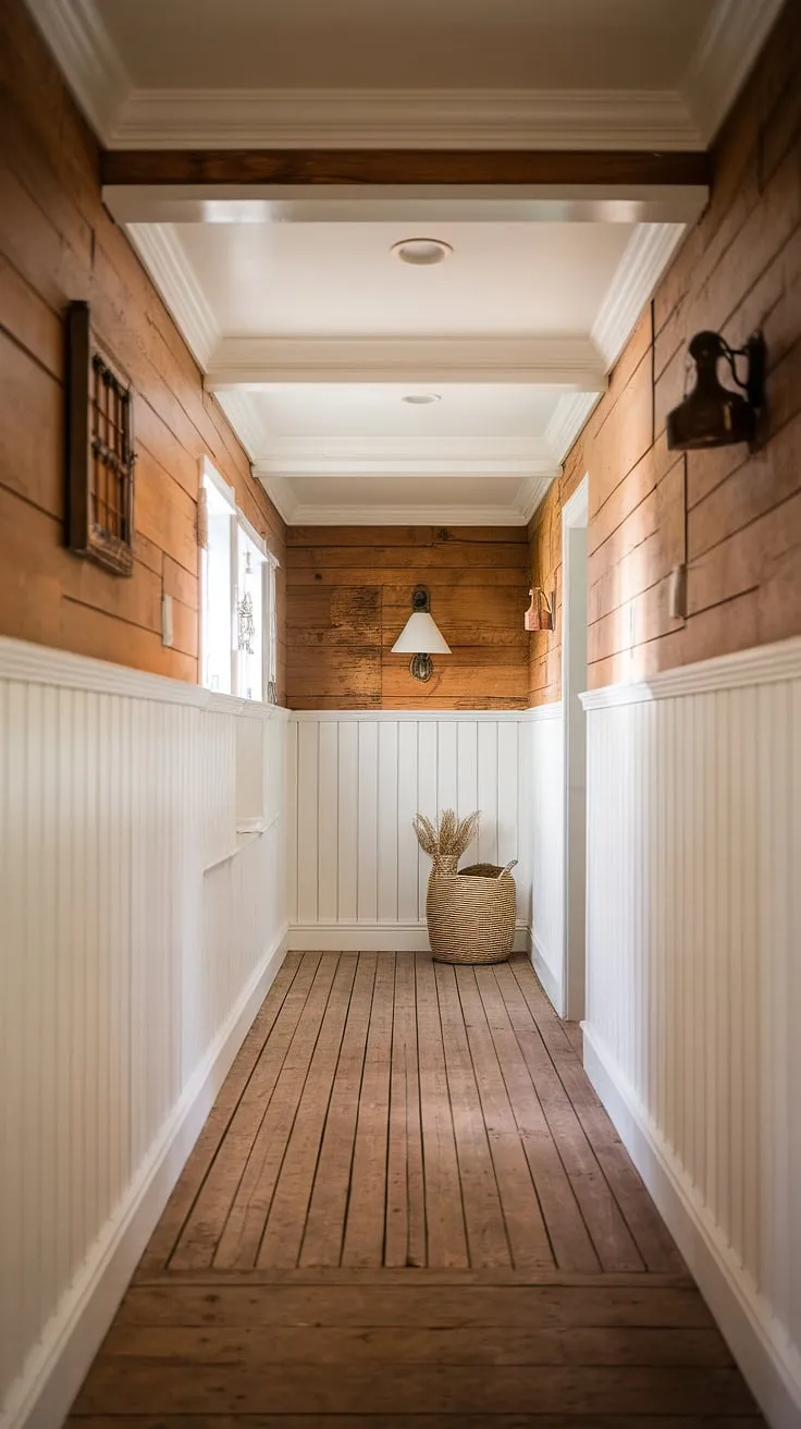 The aged wood whispers stories of generations past in this farmhouse hallway. Sunlight streams through unseen windows, illuminating the worn planks and the charming imperfections – a testament to time and the cozy warmth of home. A simple lamp and woven basket add a touch of lived-in elegance.