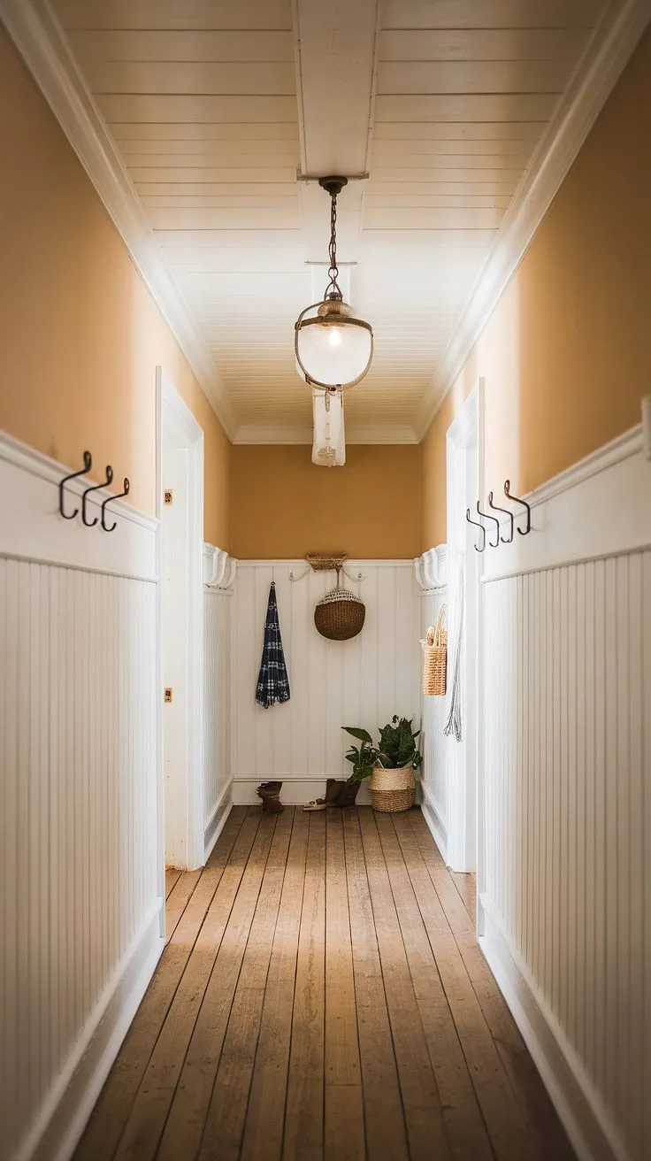 Stepping into this farmhouse hallway feels like stepping back in time. The aged wood floors and crisp white paneling create a sense of calm, while the vintage light fixture adds a touch of character. A few carefully placed items complete the scene, showcasing the beauty of simple, cozy living.