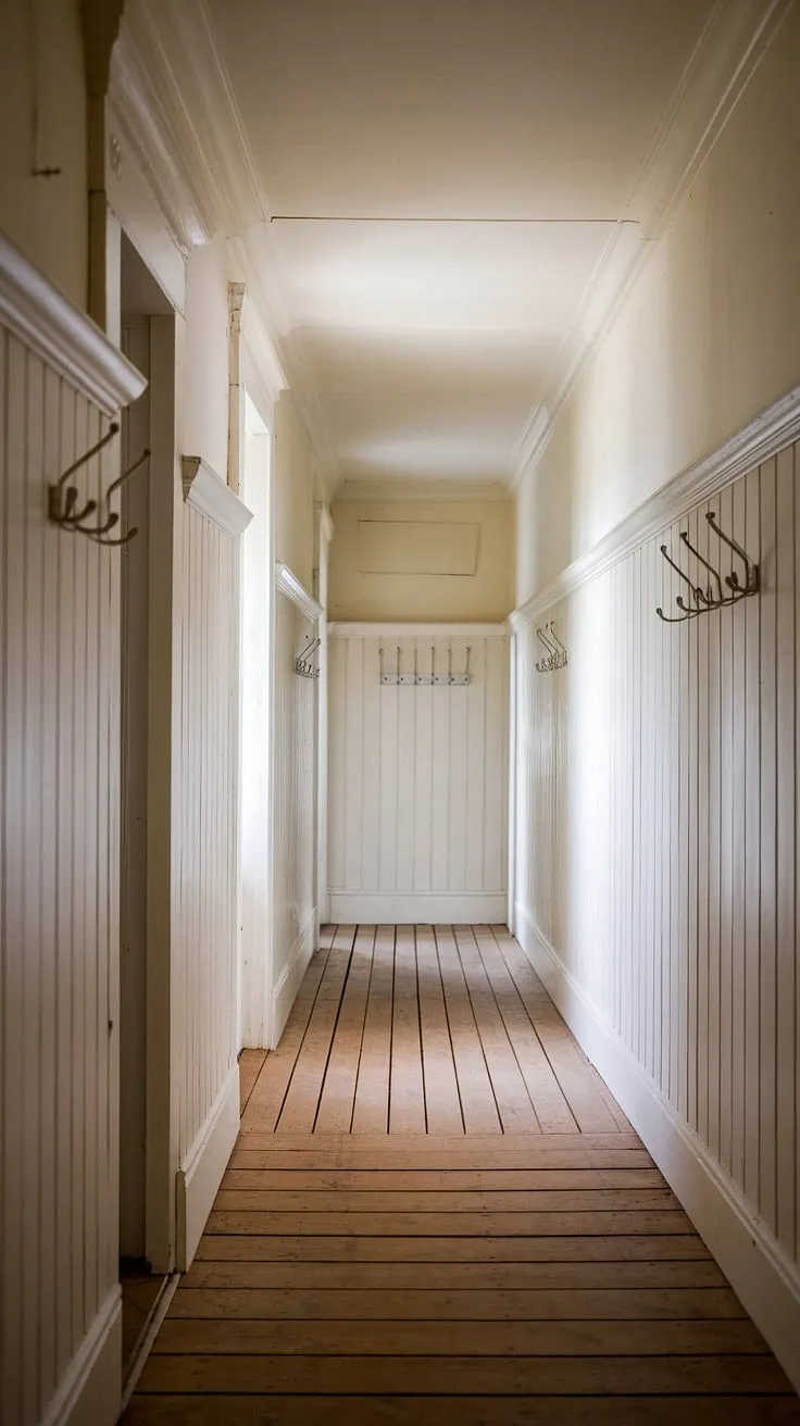 The soft light filtering through the window illuminates the rich wood and crisp white paneling of this farmhouse hallway, a testament to classic design and enduring charm. The simple coat hooks and detailed molding add a touch of understated elegance.