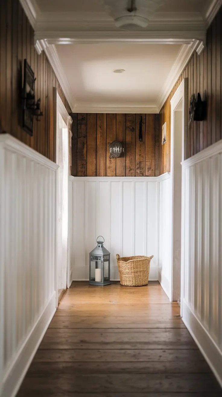This hallway is more than just a passage; it's a journey through time. The high paneling and intricate moldings speak to a bygone era, while the carefully chosen accents, like the rustic lantern and woven basket, add a touch of modern farmhouse charm. A space that invites you to linger, a place to breathe, a hallway that feels like home. A true testament to classic design.